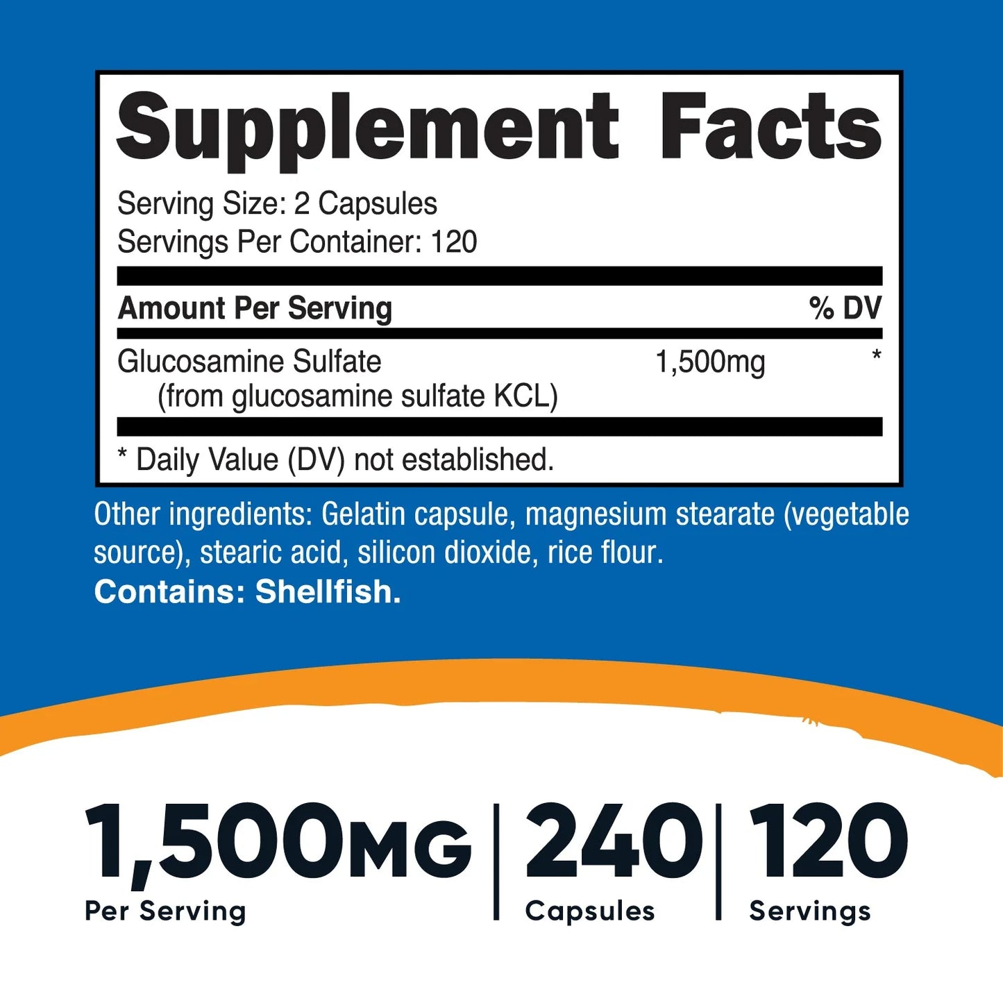 NUTRICOST SULFATO DE GLUCOSAMINA 750 MG, 240 CÁPSULAS (1500 MG POR PORCIÓN)